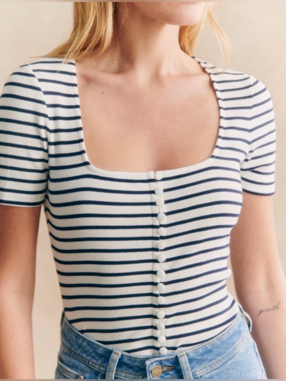Sézane Grant Striped Square-Neck Button Front Ribbed Top Size S NWT
